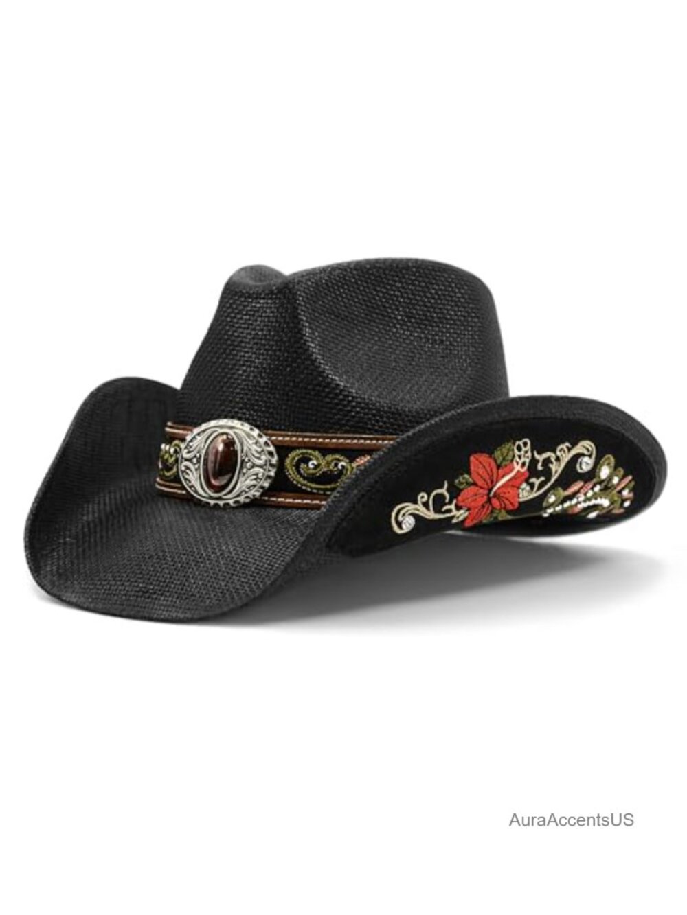 Handmade Straw Western Cowboy Hat Embroidered Floral Brim